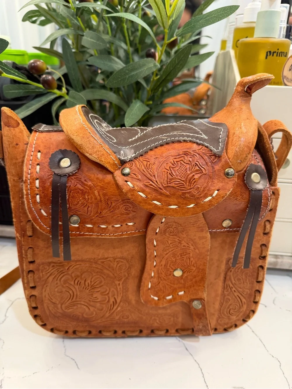 Handcrafted Brown Tooled Leather Saddle Crossbody Bag